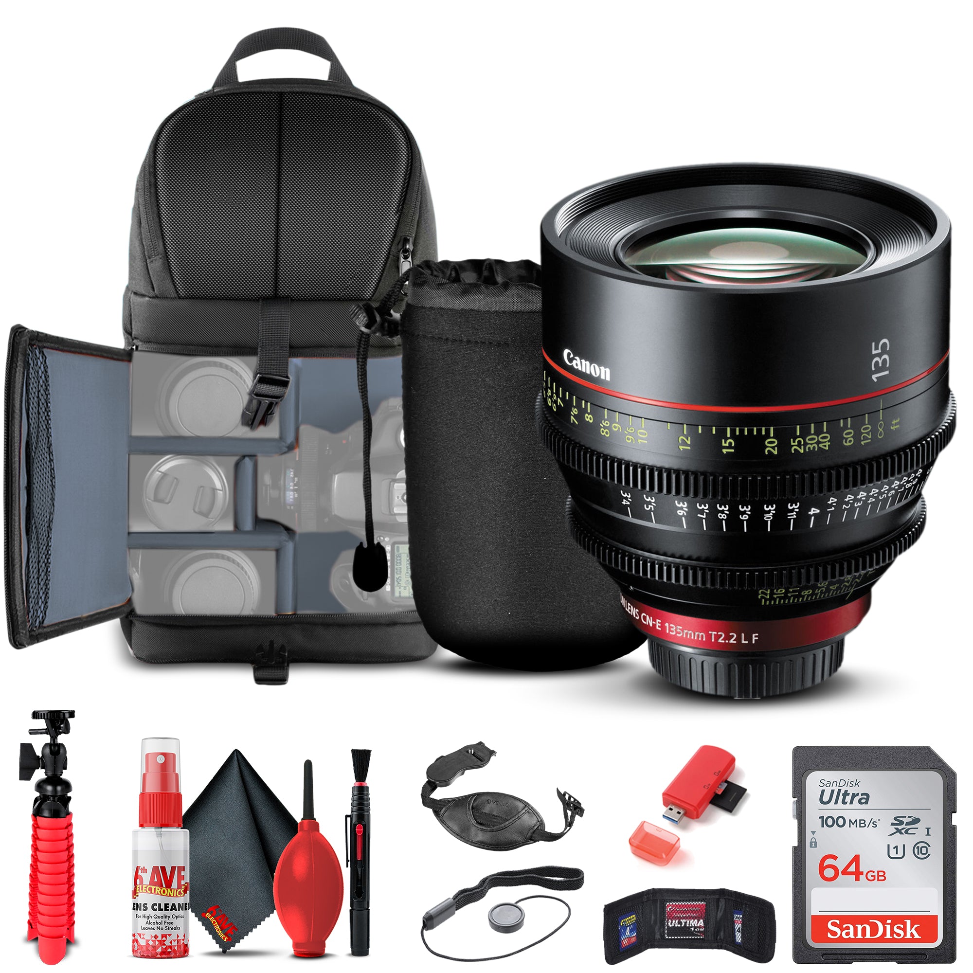 Canon CN-E 135mm T2.2 L F Cinema Prime Lens (EF Mount) (8326B001) + Pro Sling Backpack + Tripod Bundle