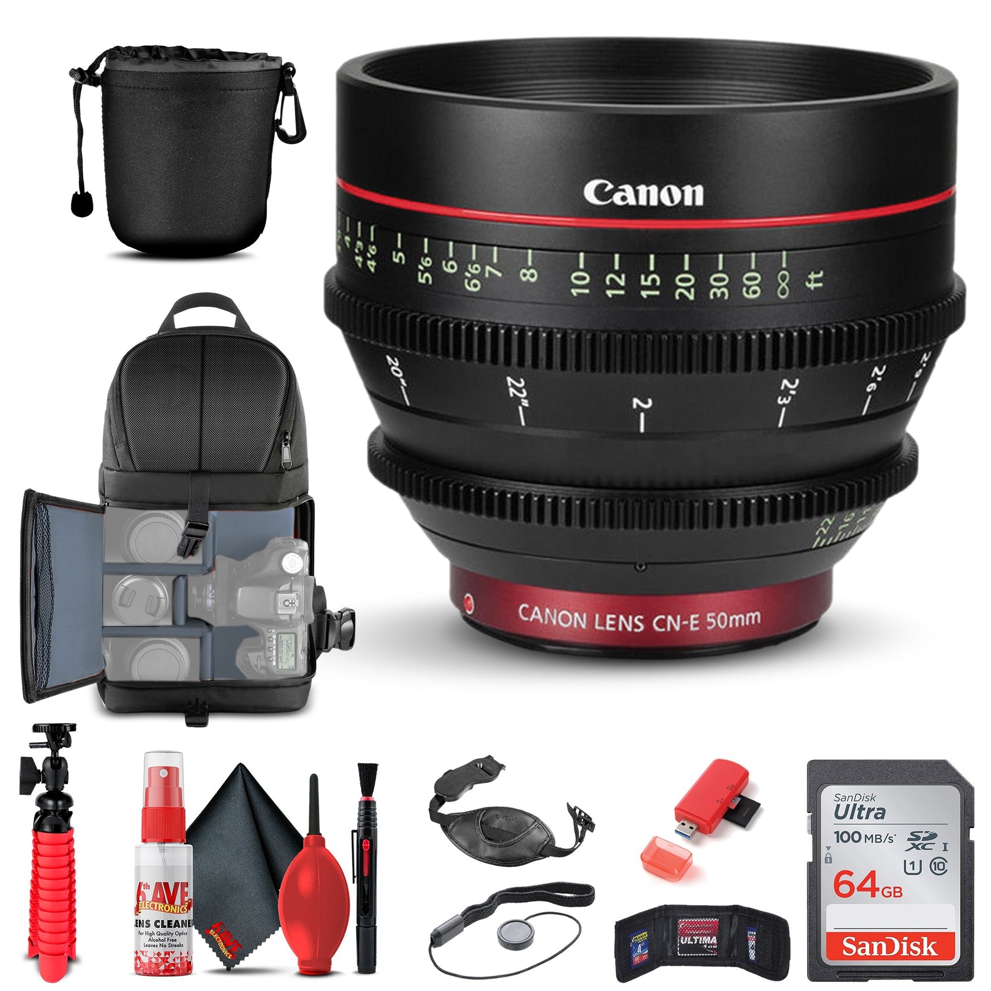 Canon CN-E 50mm T1.3 L F Cine Lens (6570B001) + BackPack + 64GB Card + More