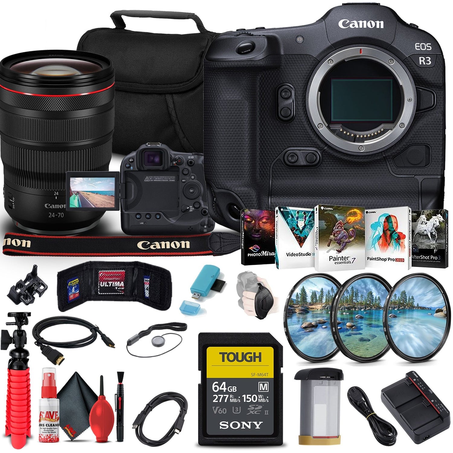 Canon EOS R3 Mirrorless Camera (4895C002) + Canon RF 24-70mm Lens + More Bundle