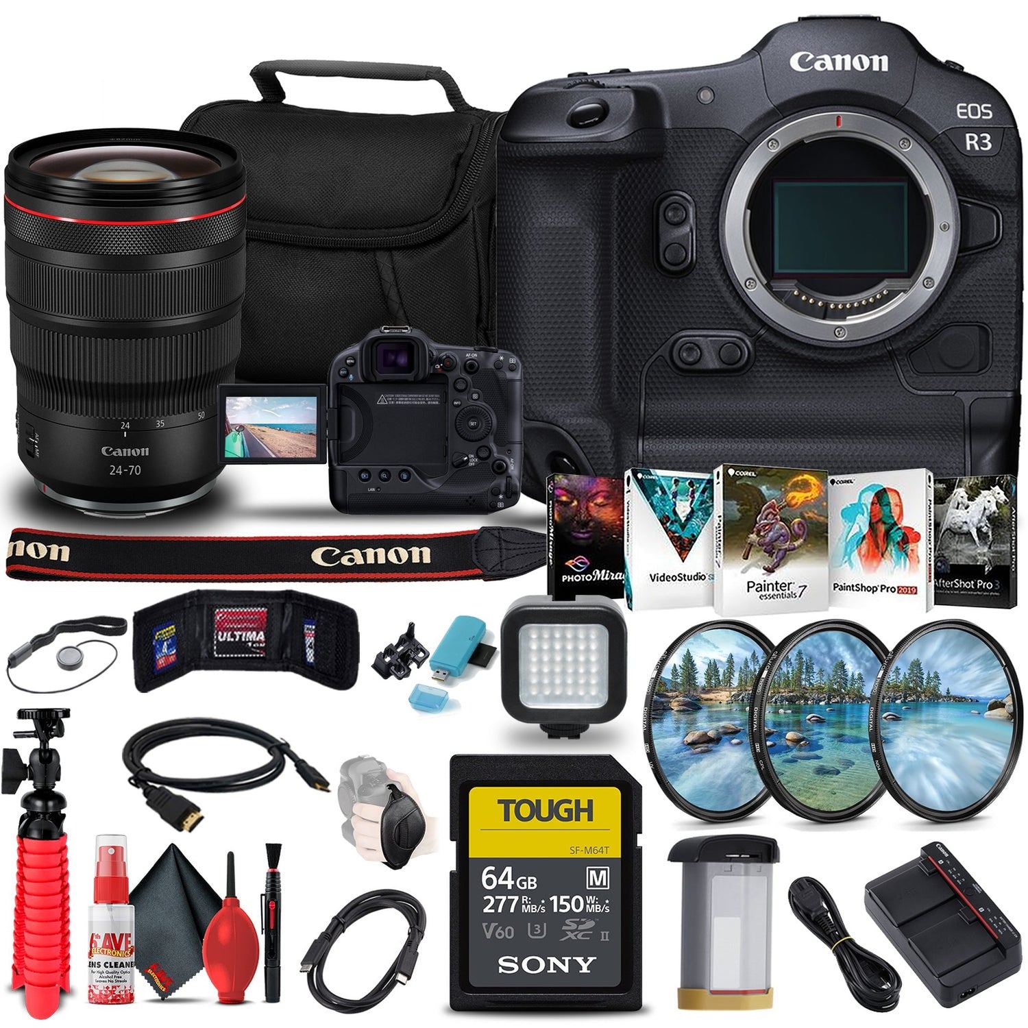Canon EOS R3 Mirrorless Camera (4895C002) + Canon RF 24-70mm Lens + More Bundle
