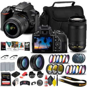 Nikon D3500 DSLR Camera with 18-55mm and 70-300mm Lenses 1588 + 64GB Extreme Pro Card Filter Set Bundle Nikon