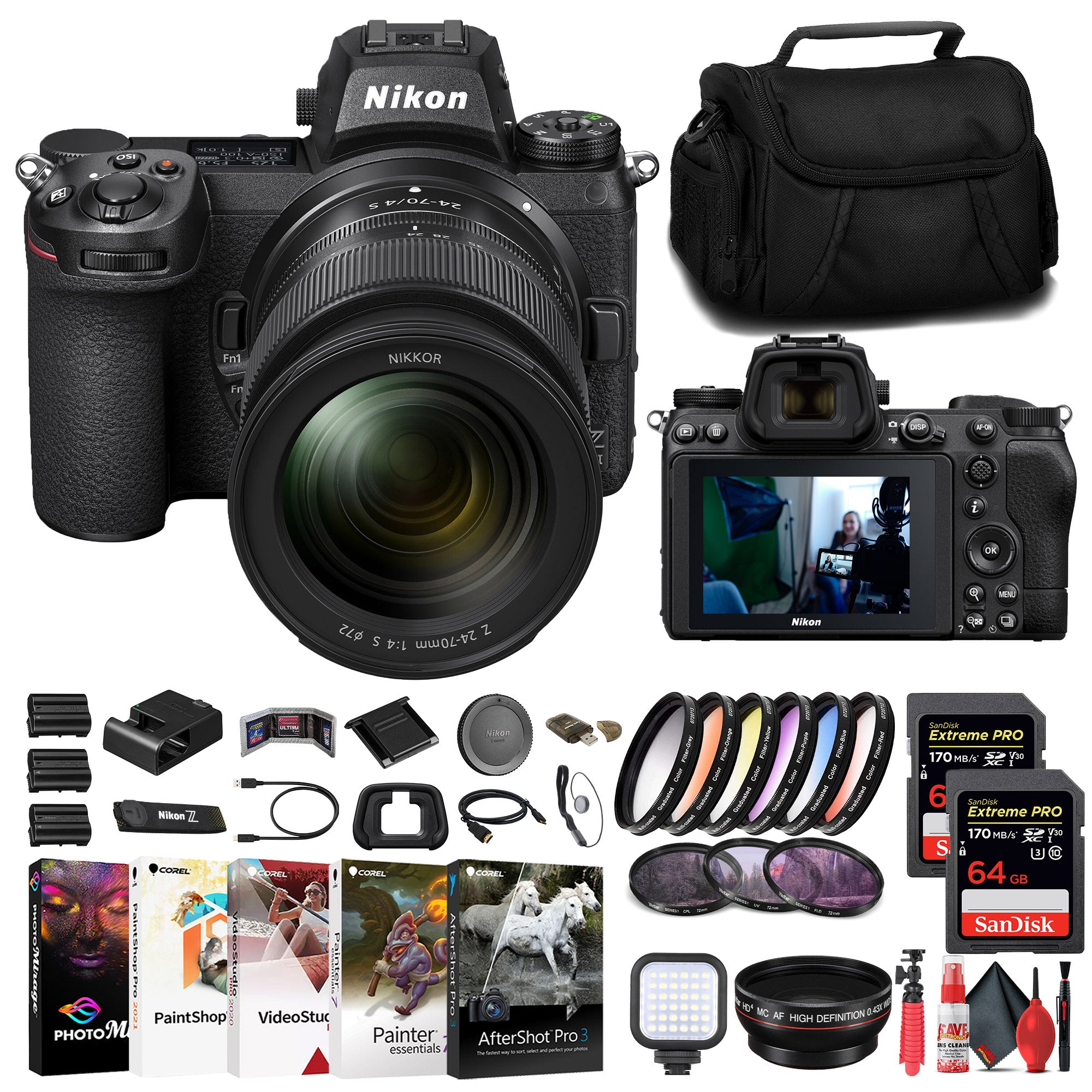 Nikon Z7 II Mirrorless Camera W/ 24-70mm f/4 Lens + 2 x 64GB Card + Filter + More