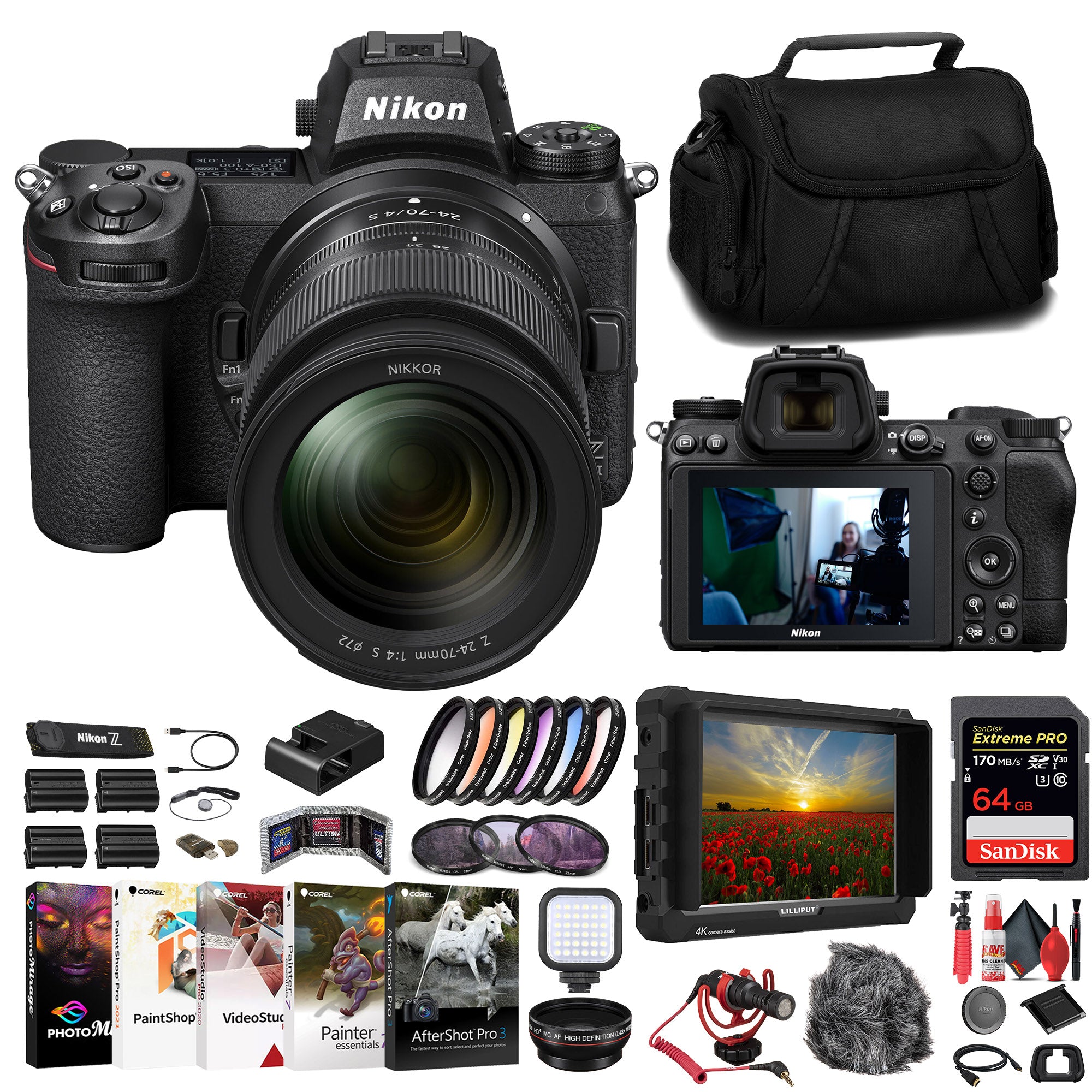 Nikon Z7 II Mirrorless Camera W/ 24-70mm f/4 Lens + 4K Monitor + 64GB Card + More