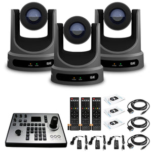 3 x PTZOptics Move SE PTZ Camera with 20x Optical Zoom Gray PT20X-SE-GY-G3 + PT-JOY-G4 Controller PTZOptics