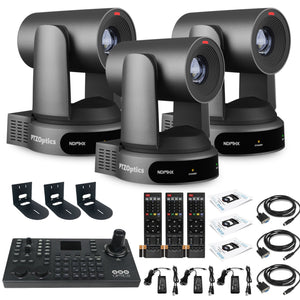 3 x PTZOptics Move 4K PTZ Camera with 30x Zoom Gray PT30X-4K-GY-G3 + SuperJoy PTZ Controller + 3 x Wall Mount PTZOptics