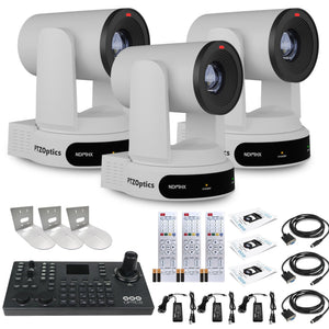 3 x PTZOptics Move 4K PTZ Camera with 30x Zoom White PT30X-4K-WH-G3 + SuperJoy PTZ Controller + 3 x Wall Mount PTZOptics
