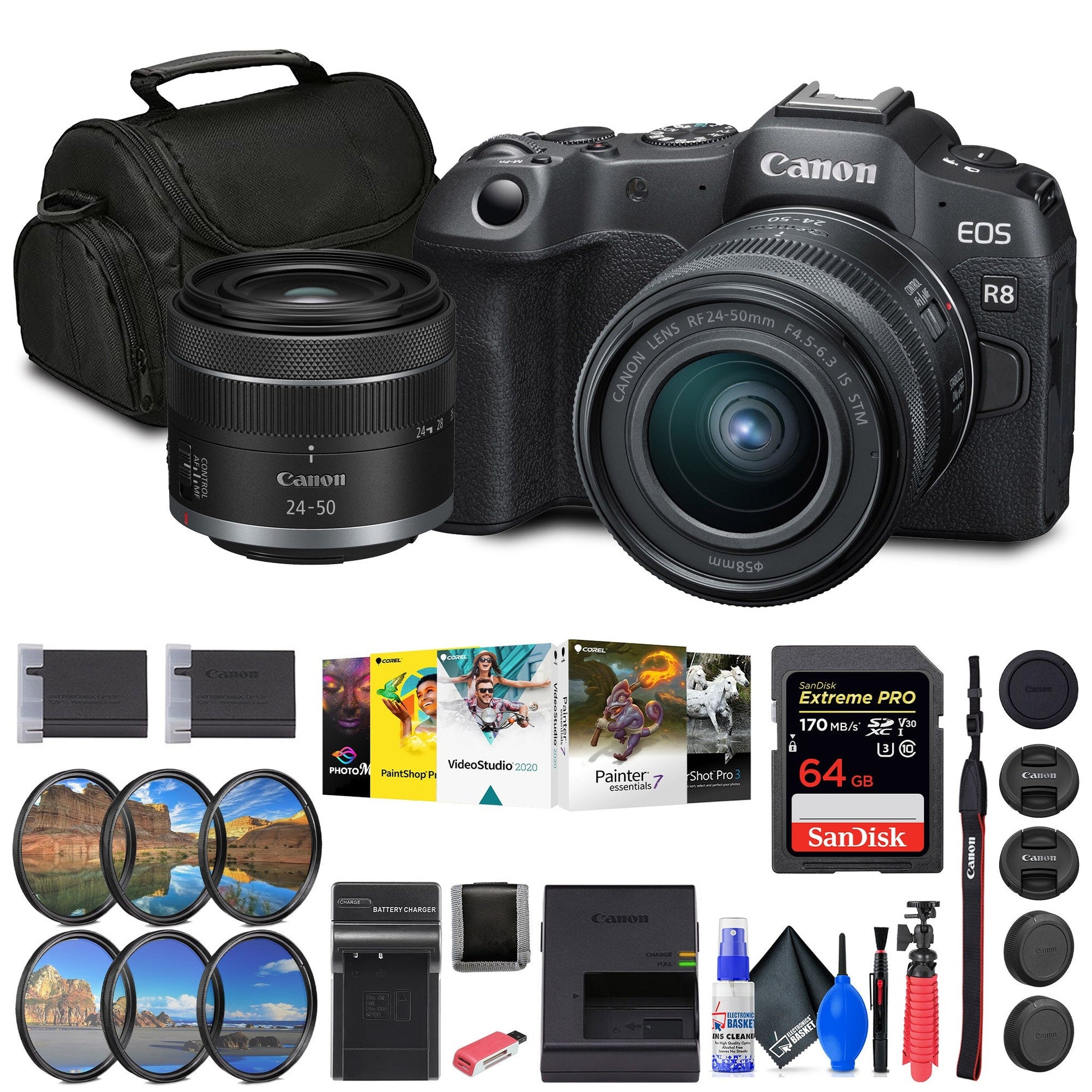 Canon EOS R8 Mirrorless Camera with RF 24-50mm Lens + 64GB Card + Bag + Charger + Battery + More Canon