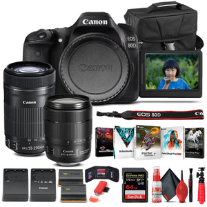 Canon EOS 80D Camera W/ 18-135mm Lens and EF-S 55-250mm Lens - Basic Bundle - Reconditioned Canon