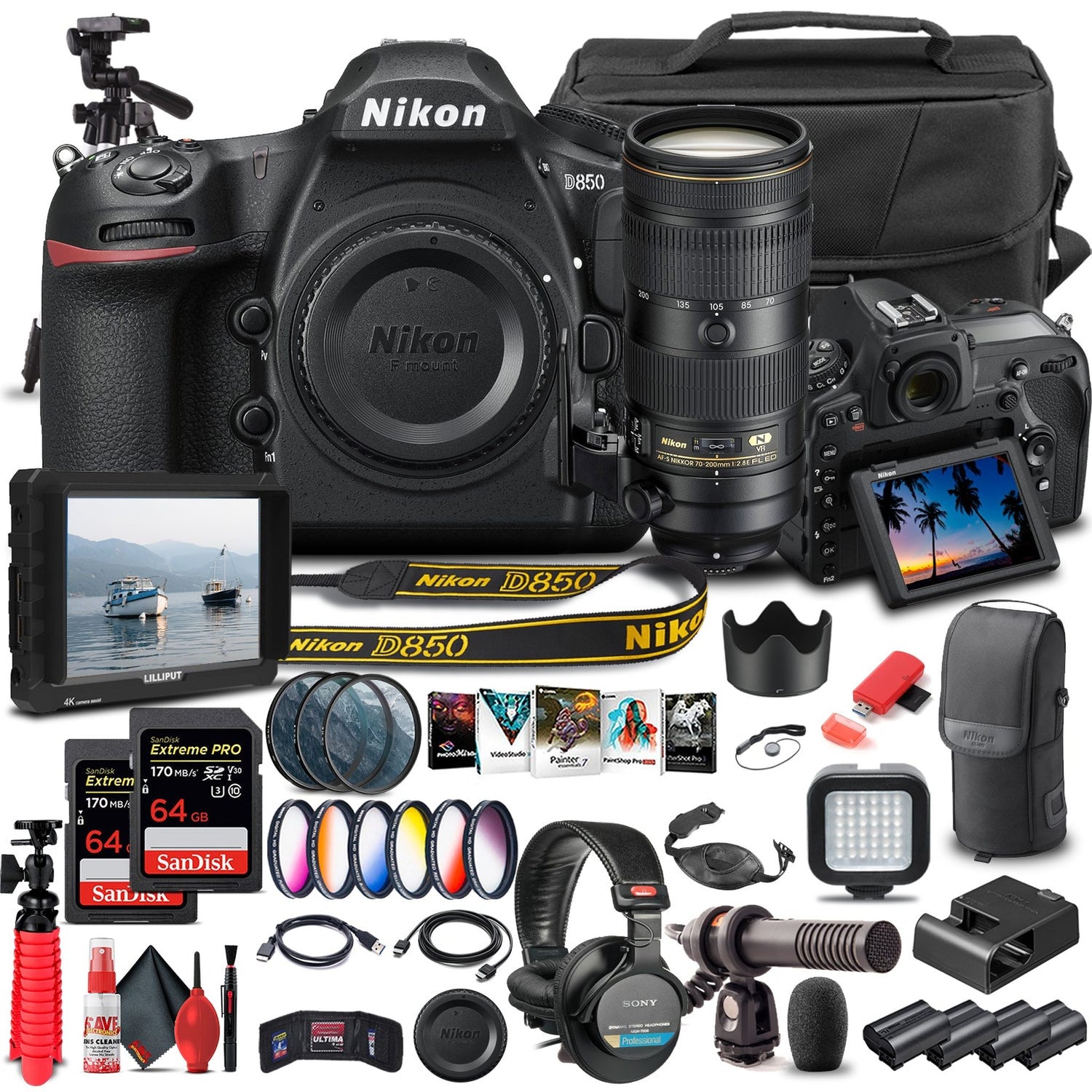 Nikon D850 DSLR Camera Body Only 1585 W/ Nikon 70-200mm VR Lens - Pro Bundle