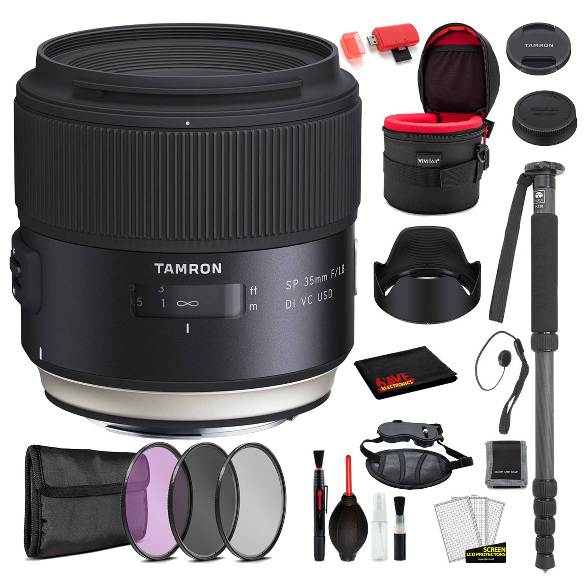 Tamron SP 35mm f/1.8 Di VC USD Lens for Nikon F with Bundle Includes: Vivtar Padded Lens Case, 3PC Filter Kit + More
