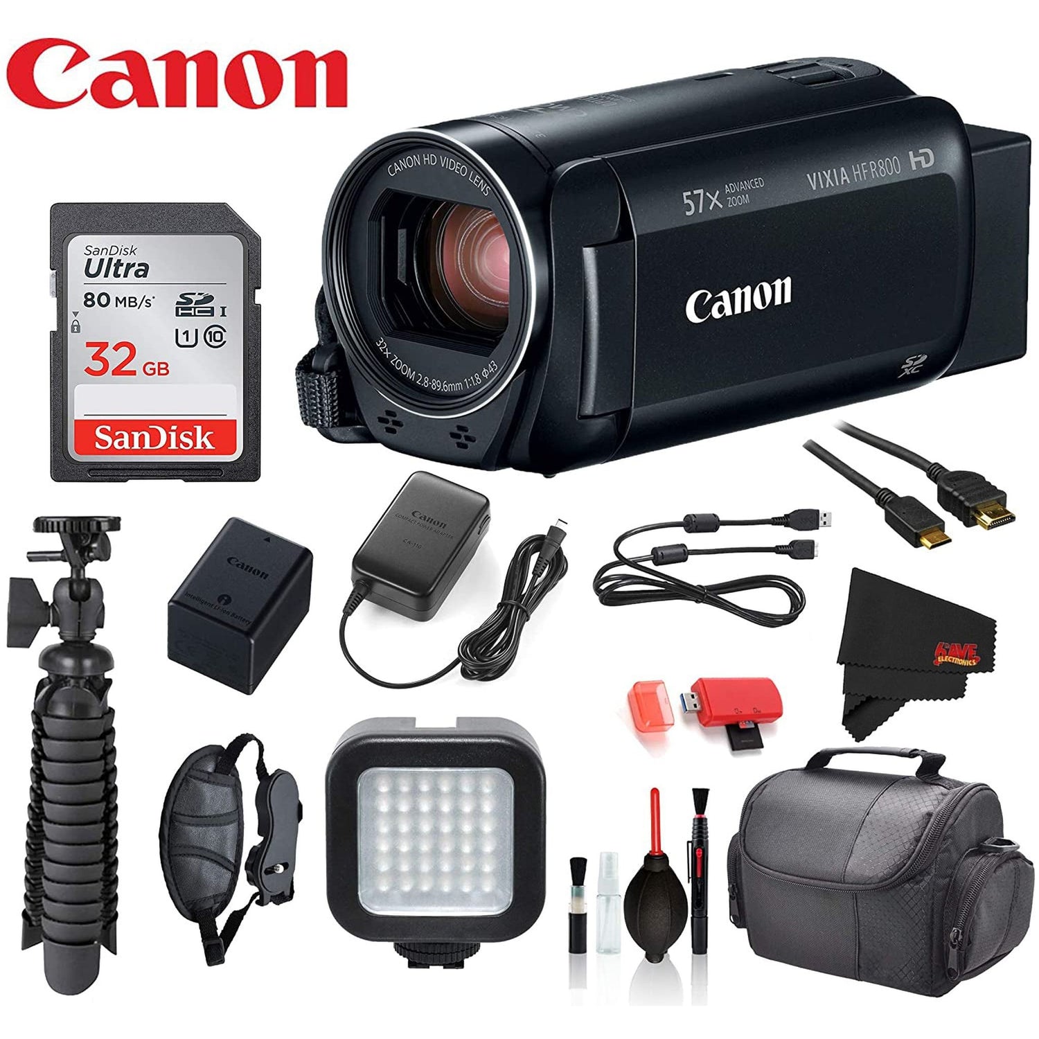 Canon VIXIA HF R800 Camcorder Black with � SanDisk 32gb SD card + Deluxe Cleaning Kit + 12� Tripod + MORE