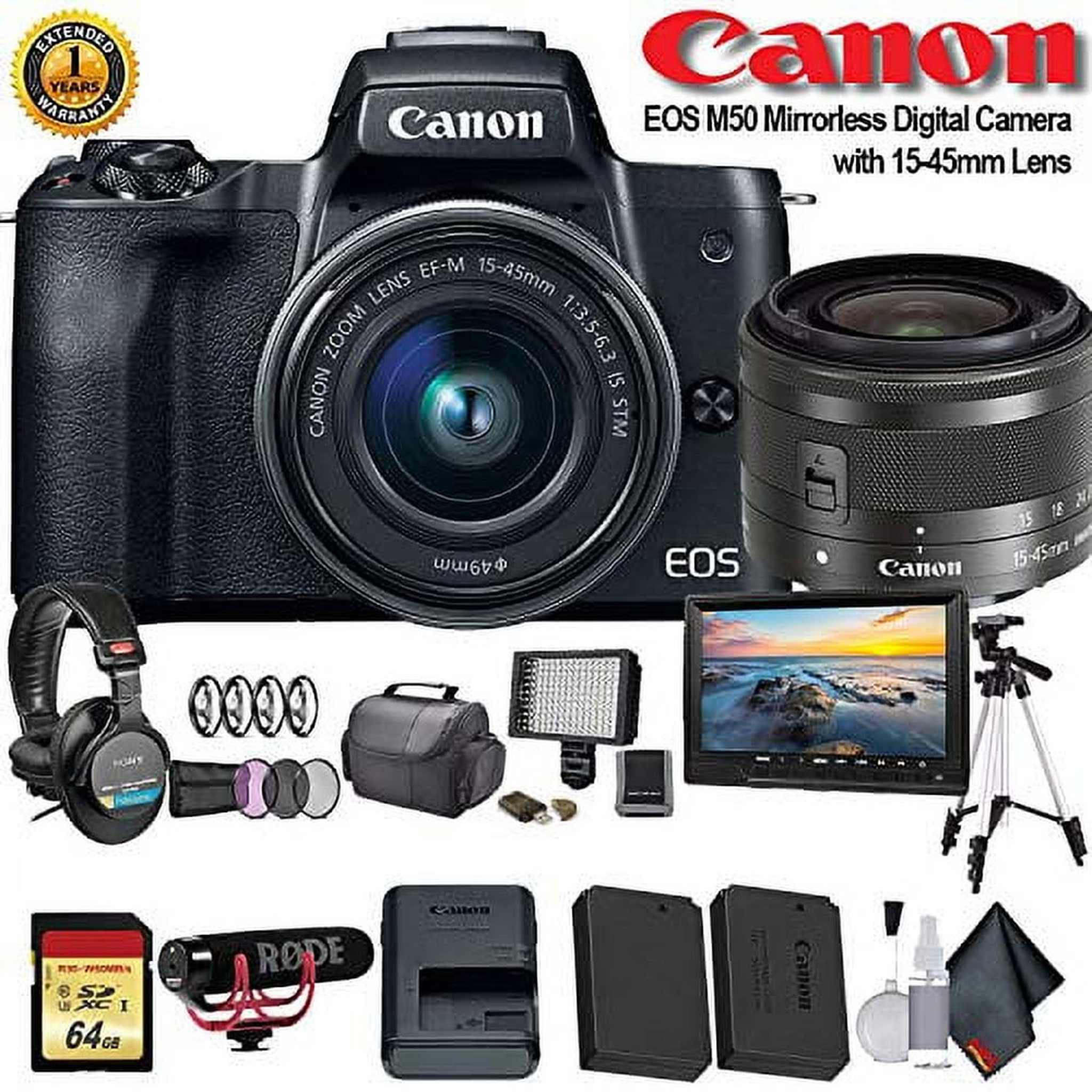 Canon EOS M50 Mirrorless Digital Camera with 15-45mm Lens International Model 2680C011 W/Bag, Extra Battery, LED Lig Canon
