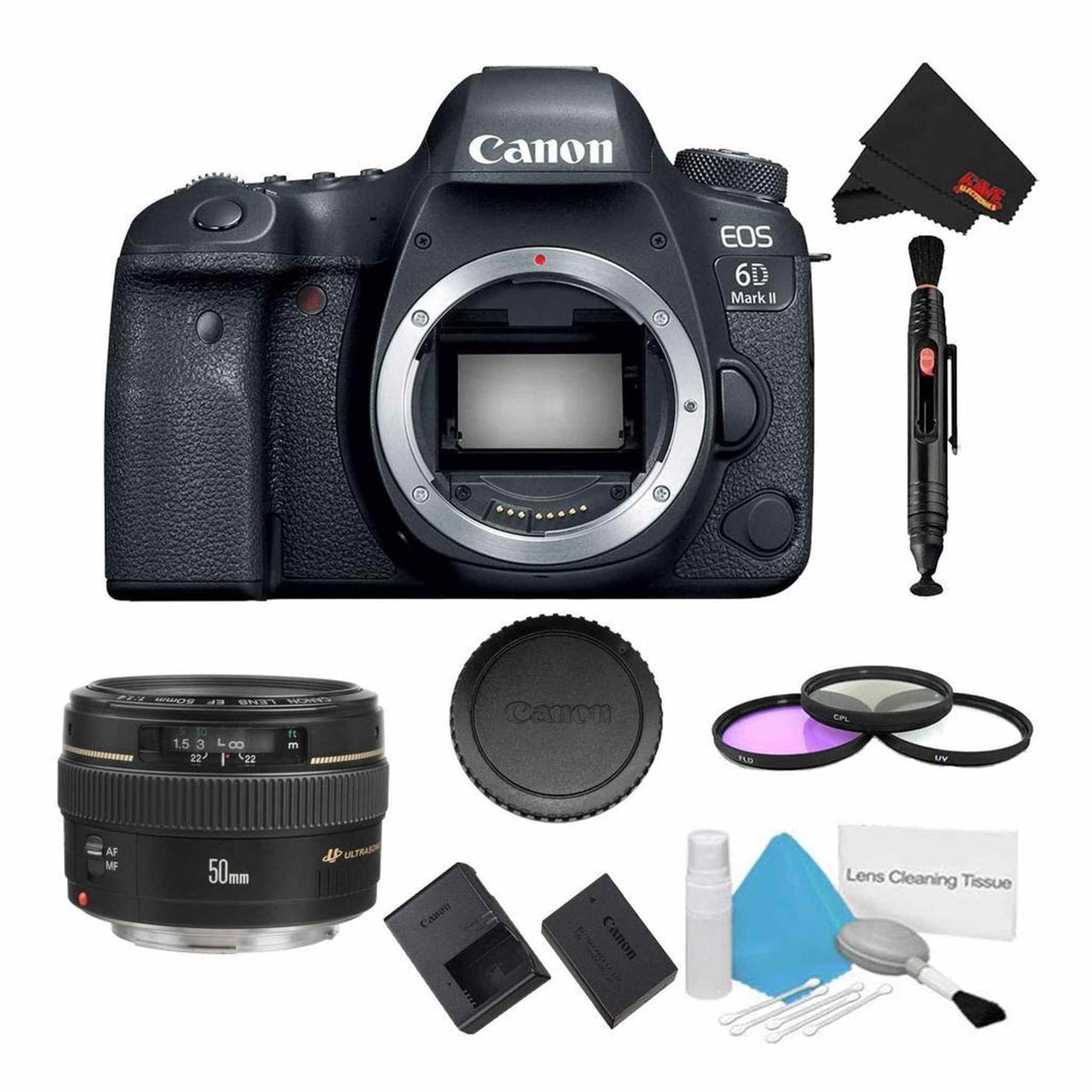 Canon EOS 6D Mark II DSLR Camera (Body Only) 3 Piece Filter Bundle + Bonus EF 24-105mm USM Lens - International Model
