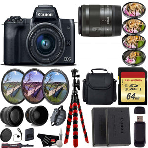 Canon EOS M50 Mirrorless Digital Camera with 15-45mm Lens + UV FLD CPL Filter Kit + 4 PC Macro Kit + Wide Angle & Teleph Canon