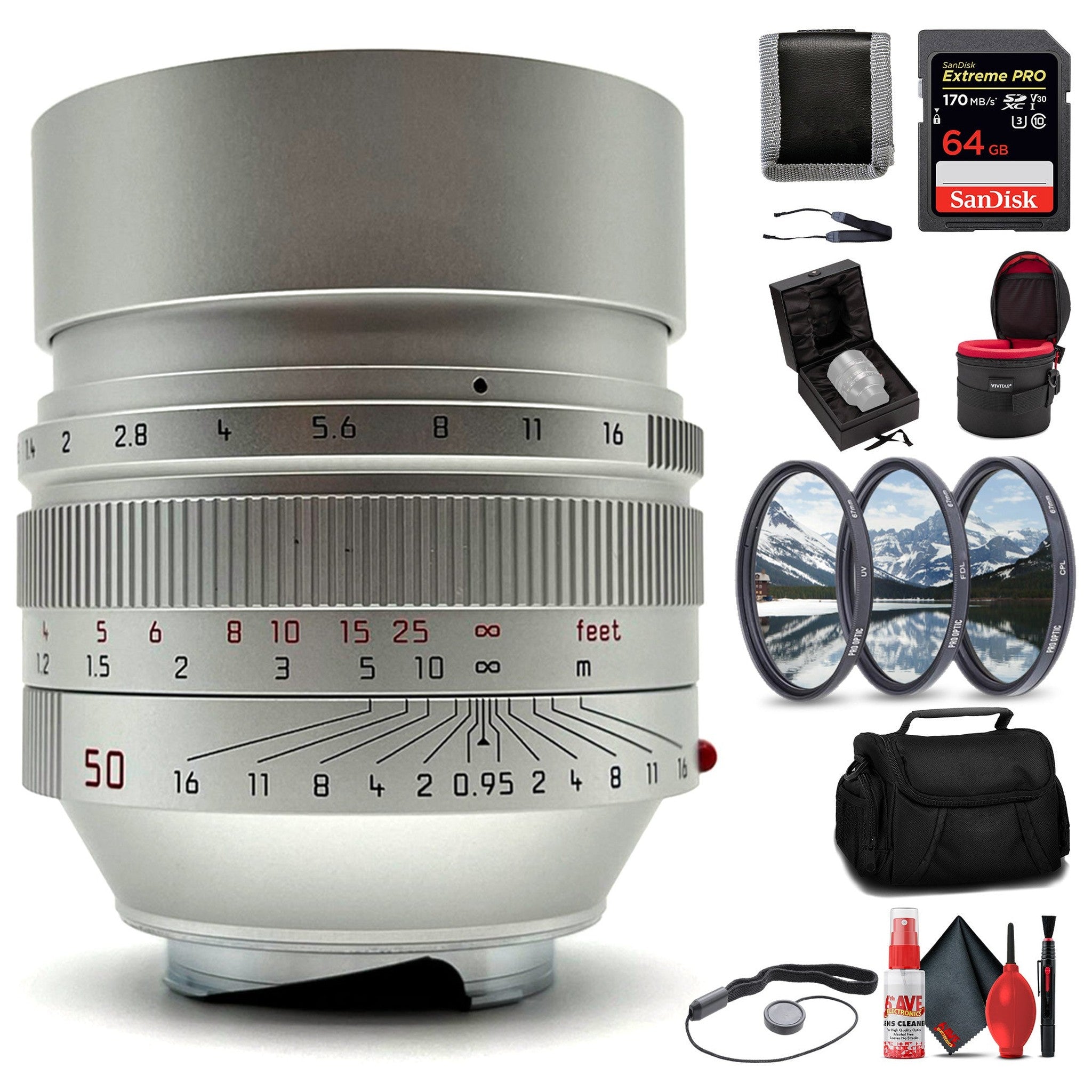Leica 11667 Noctilux-M 50mm/f0.95 ASPH Normal Lens, Silver + 6Ave Accessory Kit Leica