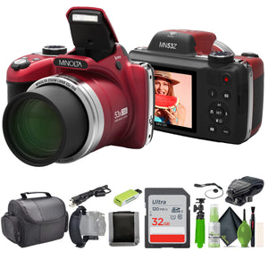 Minolta Pro Shot MN53Z 16 MP HD Digital Camera with 53x Zoom, 1080p HD Video Bundle Red Minolta