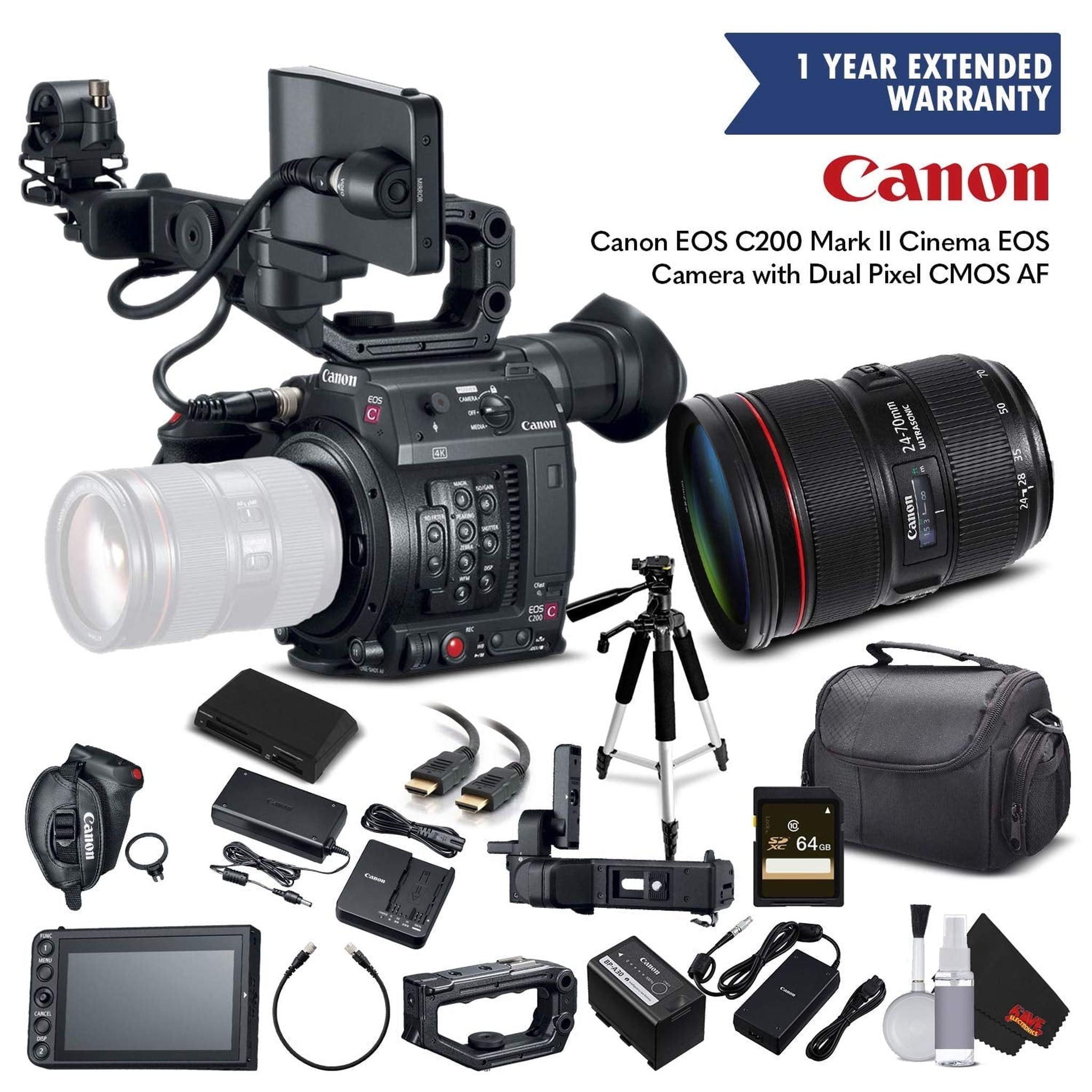Canon EOS C200 Cinema Camera 2215C002 & 24-70mm f/2.8L II USM Lens with Memory Card, Case, Tripod, and Extended Warranty