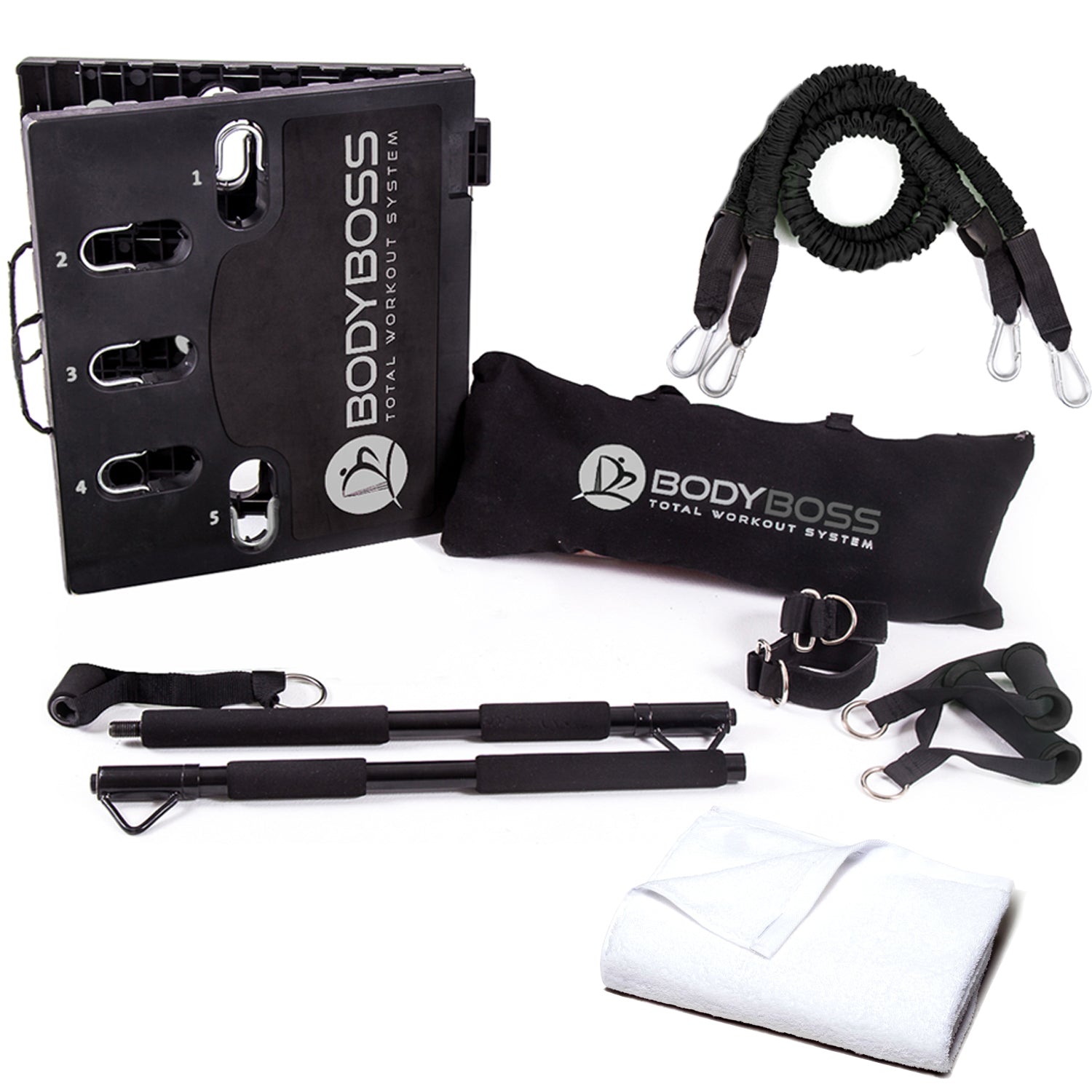  BodyBoss Home Gym 2.0 - Full Portable Gym Home Workout Package,  Includes 1 Set of Resistance Bands (2) - Collapsible Resistance Bar, 2  Handles + More - Full Body Workouts for