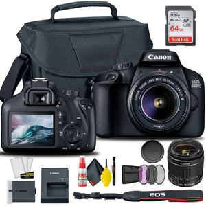 Canon EOS 4000D / Rebel T100 DSLR Camera with 18-55mm Lens + Creative Filter Set, EOS Camera Bag + Sandisk Ultra 64GB Card + 6AVE Electronics Cleaning Set, And More International Model - Reconditioned Canon