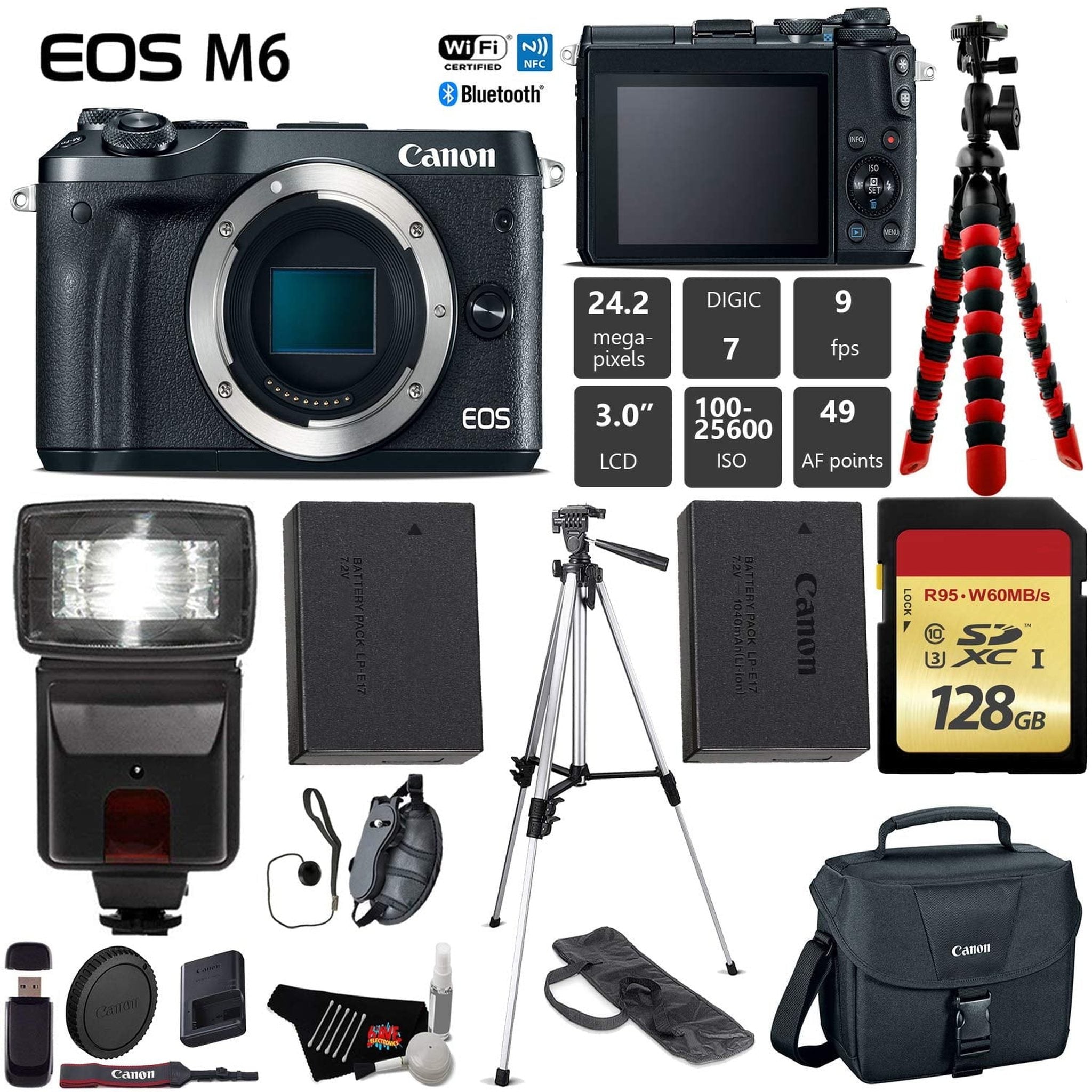 Canon EOS M6 Mirrorless Digital Camera Black, Body Only + 128GB Class 10 Memory Card + Flash + Canon Camera Case + Fle