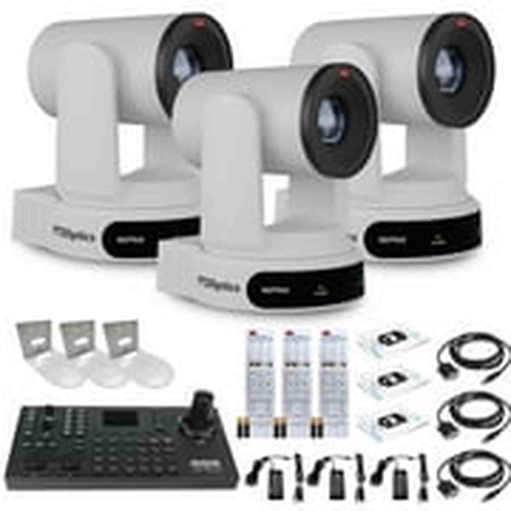 3 x PTZOptics Move 4K PTZ Camera with 30x Zoom White PT30X-4K-WH-G3 + SuperJoy PTZ Controller + 3 x Wall Mount