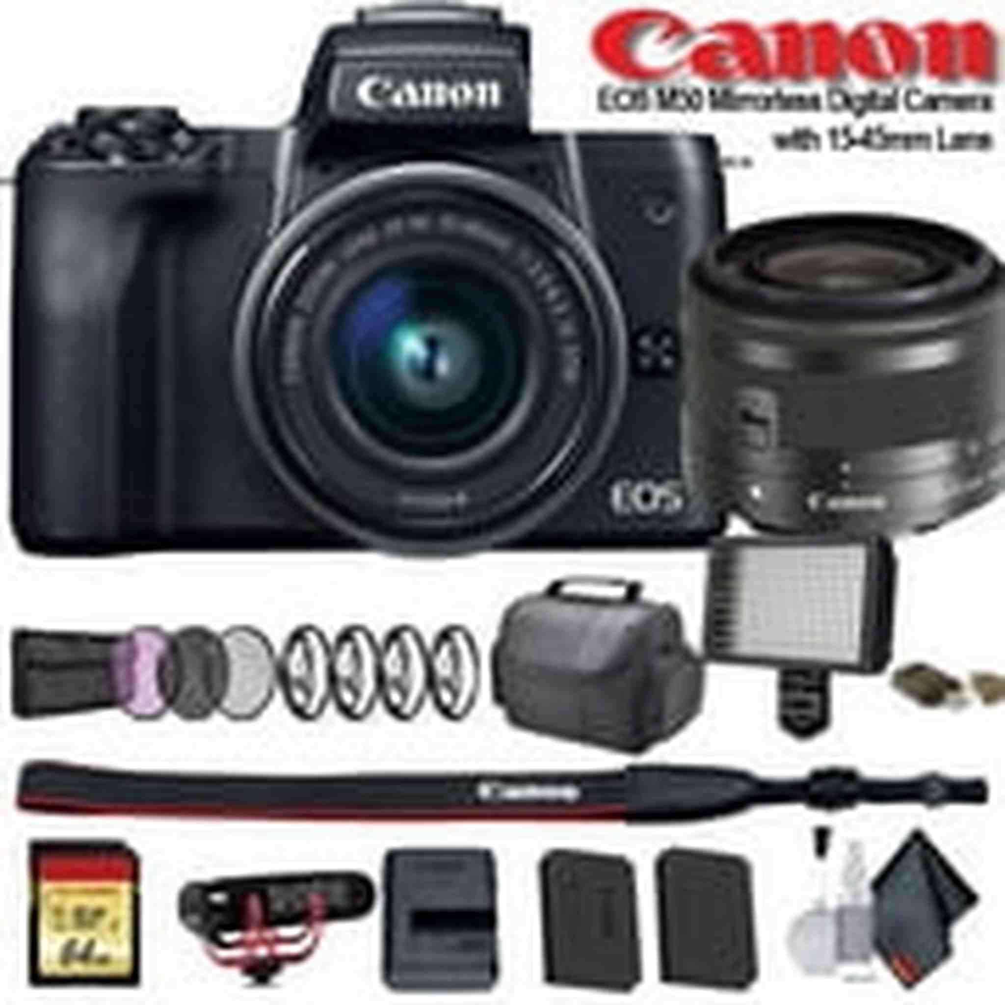 Canon EOS M50 Mirrorless Digital Camera with 15-45mm Lens International Model 2680C011 W/Bag, Extra Battery, LED Lig Canon