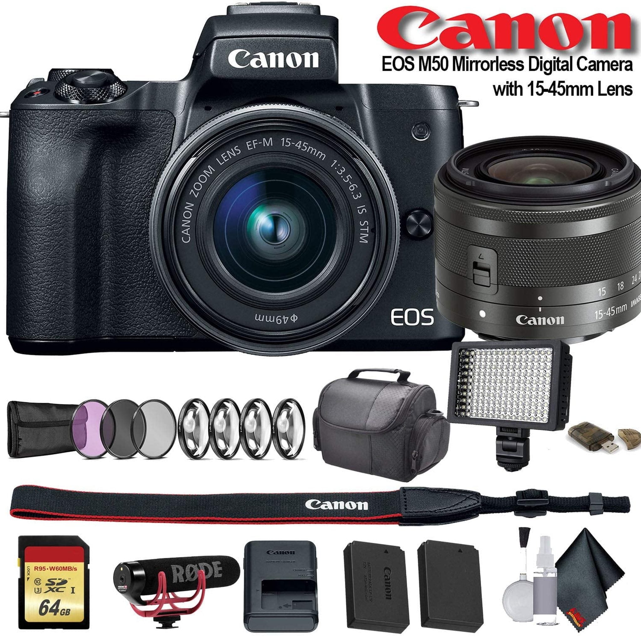 Canon EOS M50 Mirrorless Digital Camera with 15-45mm Lens International Model 2680C011 W/Bag, Extra Battery, LED Lig Canon