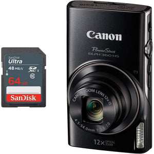 Canon PowerShot ELPH 360 HS Digital Camera + 64GB SD Memory Card Black - Used Canon