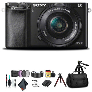 Sony Alpha a6000 Mirrorless Camera with 16-50mm Lens Black With Soft Bag, Additional Battery, 64GB Memory Card, Card Reader , Plus Essential Bundle - Reconditioned Sony
