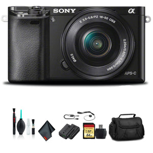 Sony Alpha a6000 Mirrorless Camera with 16-50mm Lens Black with Soft Bag, Tripod, Additional Battery, 64GB Memory Card, - Used Sony