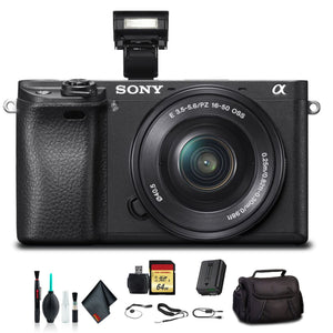 Sony Alpha a6300 Mirrorless Camera with 16-50mm Lens Black ILCE6300L/B with Soft Bag, 64GB Memory Card, Card Reader, Plu - Used Sony