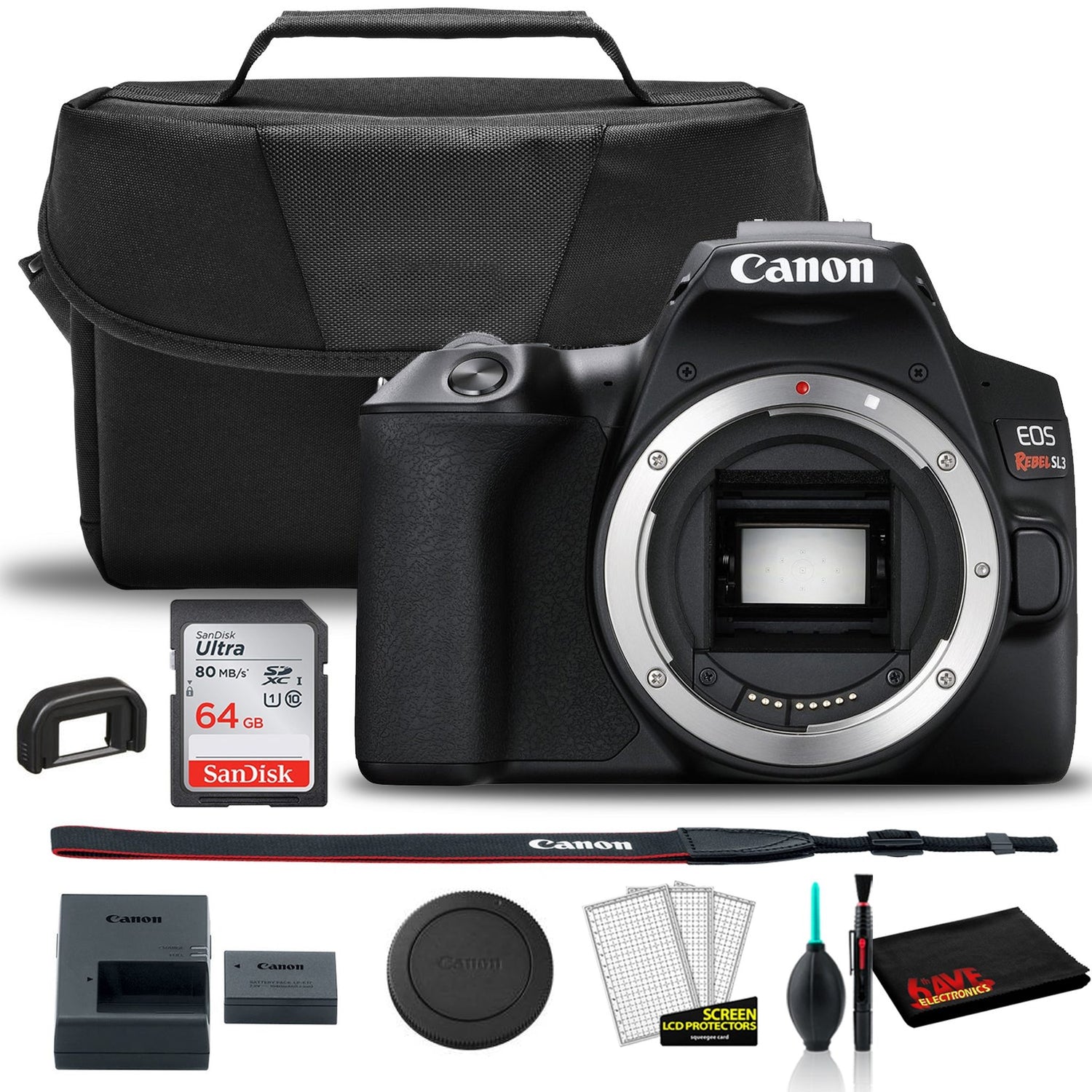 Canon EOS Rebel SL3 DSLR Camera (Black, Body Only) (3453C001) + EOS Bag + Sandisk Ultra 64GB Card + Clean and Care Kit
