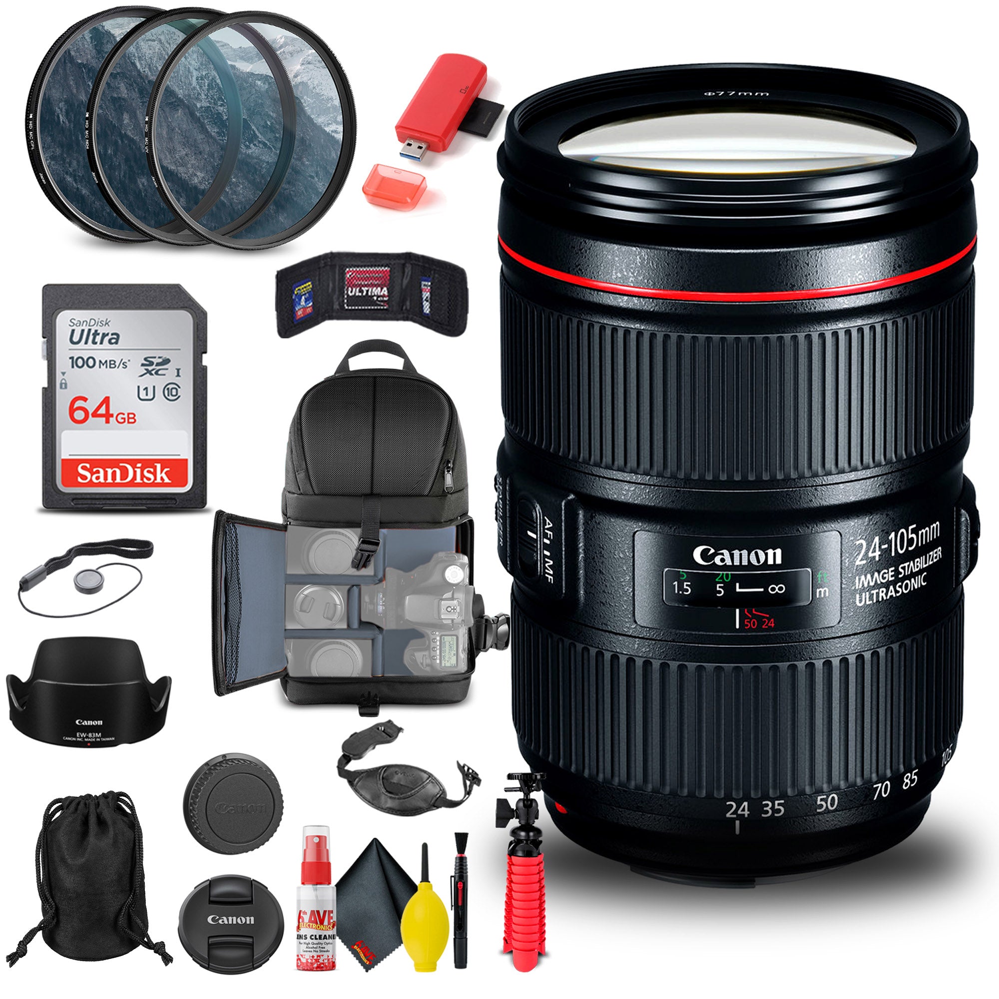 Canon EF 24-105mm f/4L IS II USM Lens (1380C002) + Filter Kit + BackPack Basic Bundle