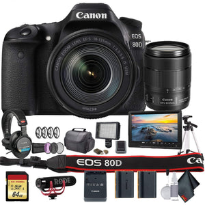 Canon EOS 80D DSLR Camera with 18-135mm Lens 1263C006 W/Bag, Extra Battery, LED Light, Mic, Filters, Tripod, Monitor a - Used Canon
