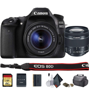 Canon EOS 80D DSLR Camera with 18-55mm Lens International Model 1263C005 - Starter Bundle - Reconditioned Canon
