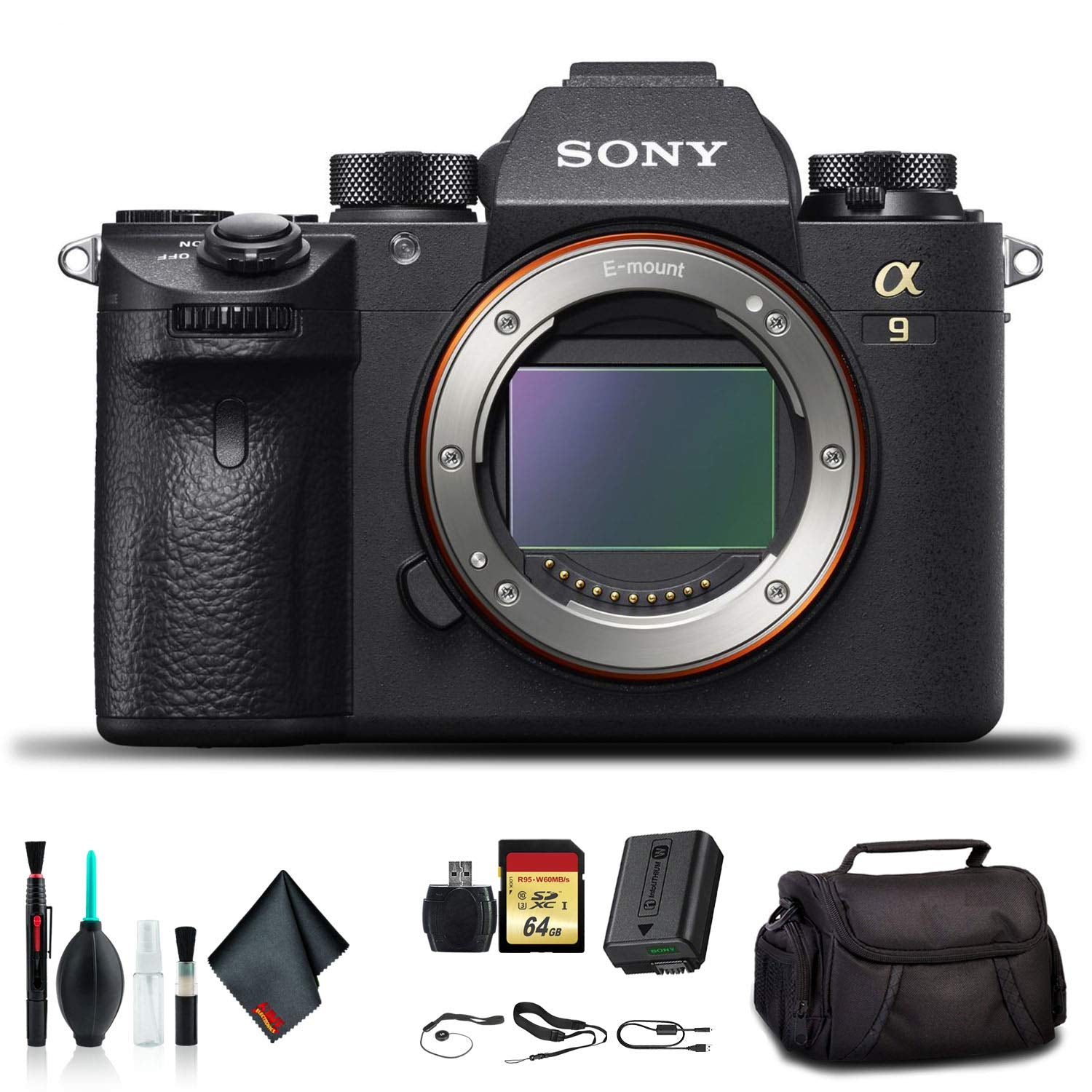 Sony Alpha a9 Mirrorless Camera ILCE9/B With Soft Bag, 64GB Memory Card, Card Reader , Plus Essential Accessories