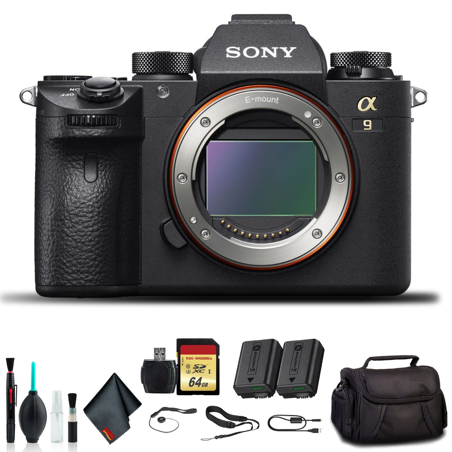 Sony Alpha a9 Mirrorless Camera ILCE9/B With Soft Bag, Additional Battery, 64GB Memory Card, Card Reader , Plus Essential Accessories