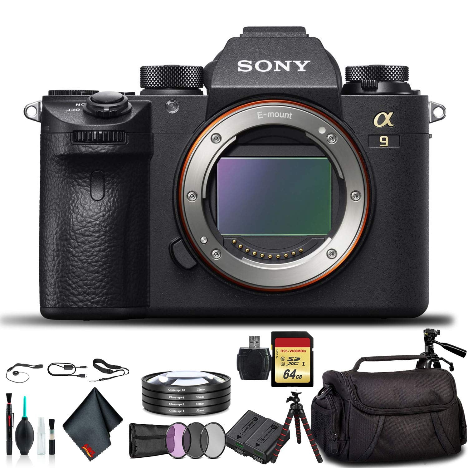 Sony Alpha a9 Mirrorless Camera ILCE9/B With Soft Bag, Tripod, Additional Battery, 64GB Memory Card, Card Reader , Plus Essential Accessories