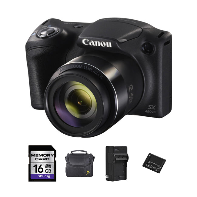 Canon PowerShot SX420 IS Digital Camera - Black + 2 Batteries, 16GB Bundle