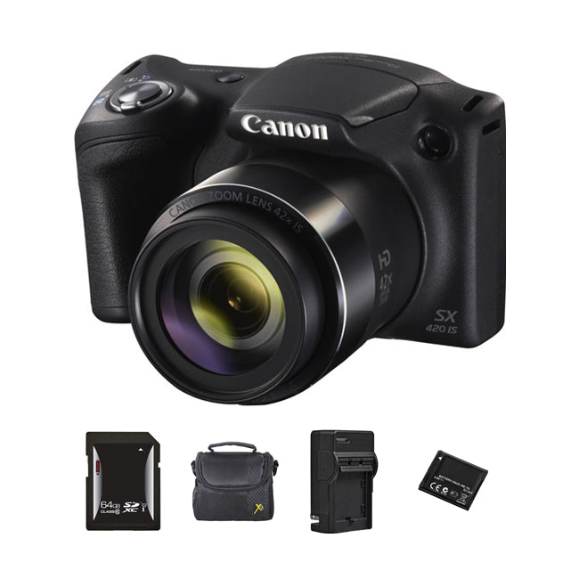 Canon PowerShot SX420 IS Digital Camera - Black + 2 Batteries, 64GB Bundle