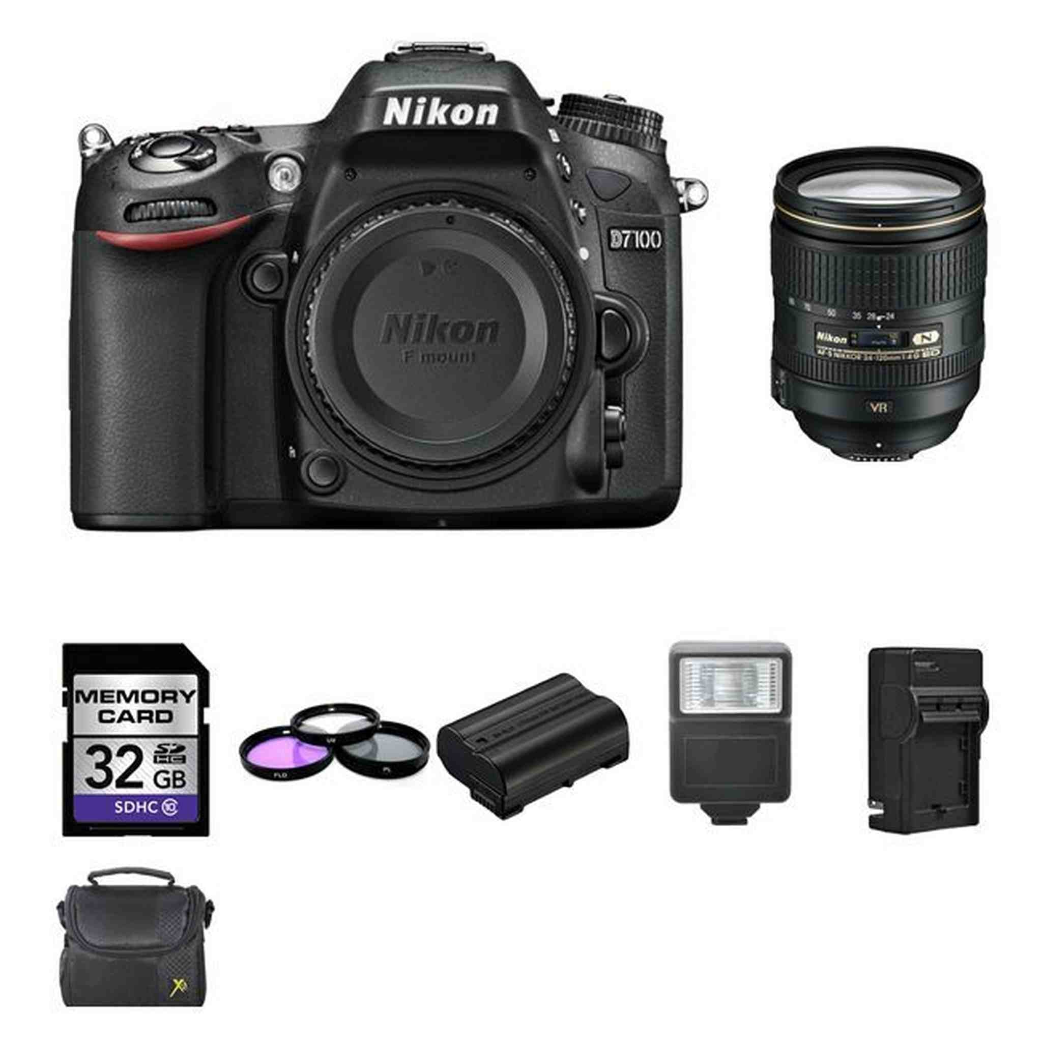 Nikon D7100 DSLR Camera w/24-120mm Lens Batteries, 32GB, Flash