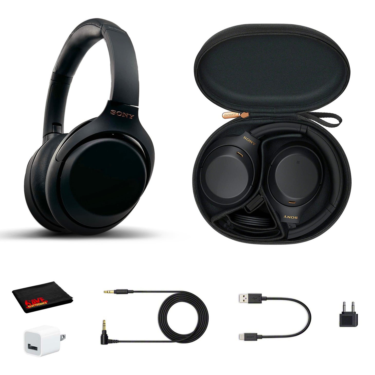 Sony WH-1000XM4 Wireless Noise Canceling Overhead Headphones with Mic for Phone-Call, Voice Control, With USB Wall Adapter and MicroFiber Cleaning Cloth - Bundle
