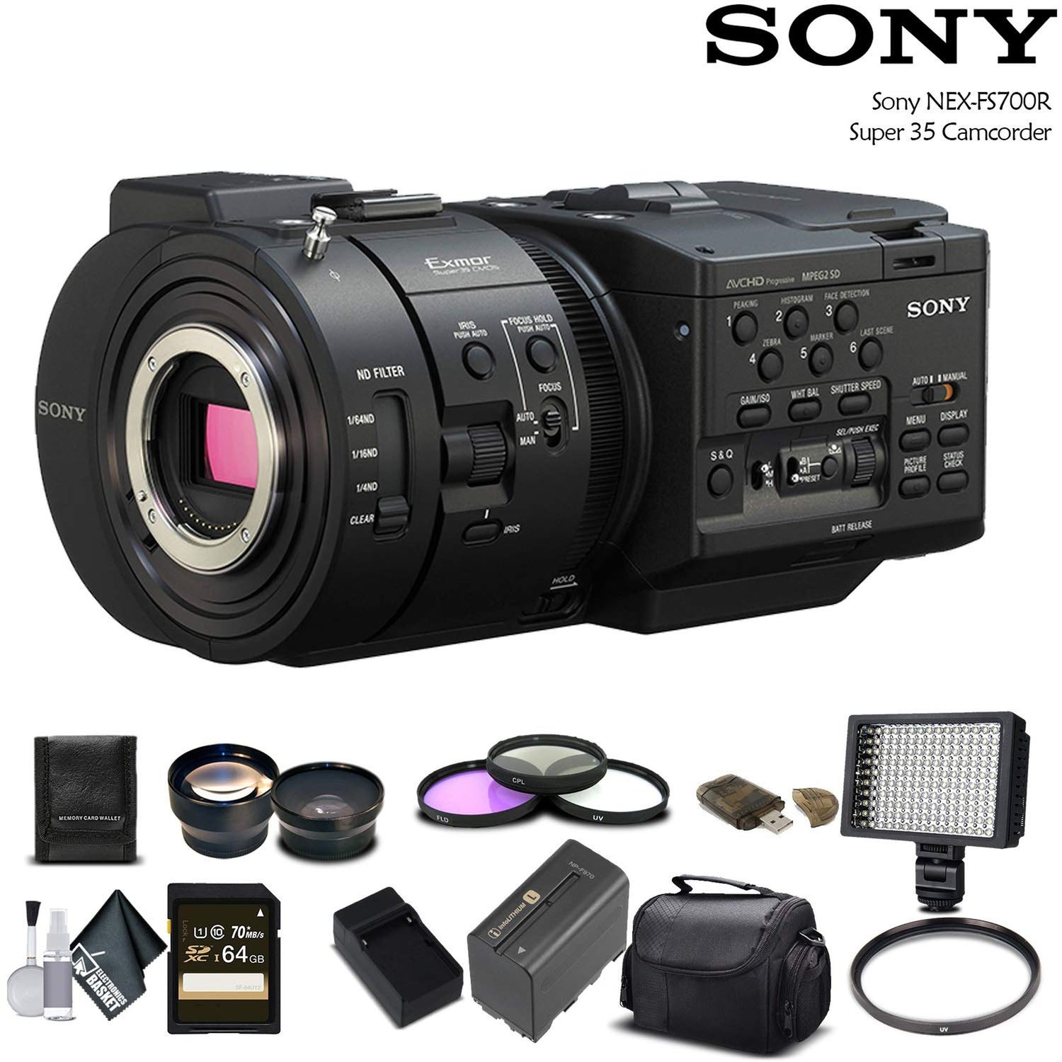Sony NEX-FS700R Super 35 Camcorder (Intl Model) With 64GB Memory Card, Extra Battery and Charger, UV Filter, LED Light, Case, Telephoto Lens Bundle