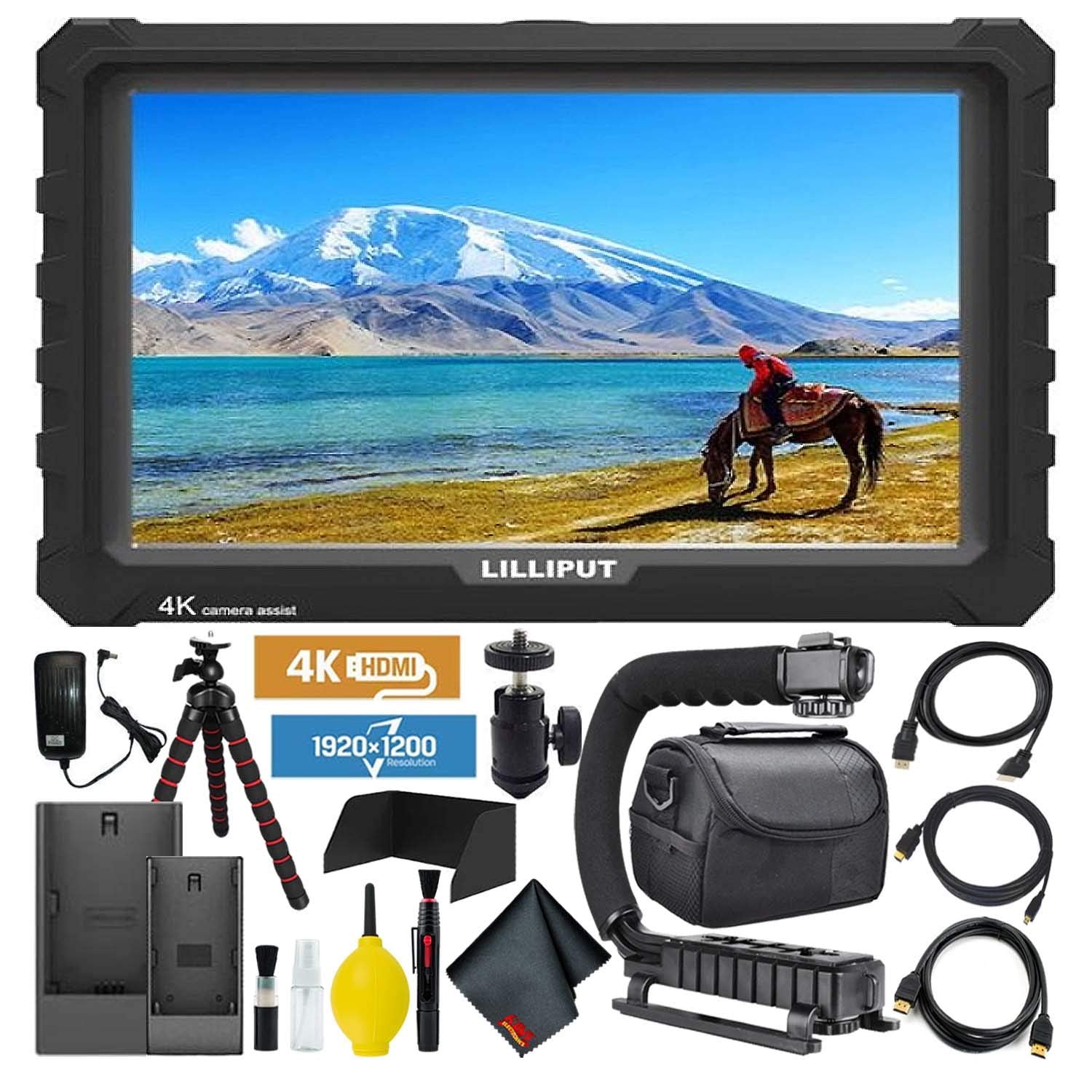 Lilliput A7S Full HD 7 Inch IPS Video Camera Field Monitor with 4K Support (Black Case) HDMI Ports Essentials Bundle with Stabilizing Handle, Tripod,