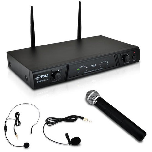 Dual Channel Wireless Microphone System - Portable VHF Audio Mic Set with Clip Lavalier lapel, Handheld, Headset, Transmitter, ¼’’ cable, power adapter - For Karaoke, PA DJ - Pyle Pro PDWM2115