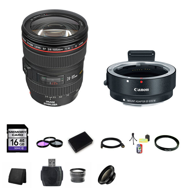 Canon 24-105mm f/4L IS USM Lens w/EF-M Adaptor for EF/EF-S Lenses 16GB Starter Bundle