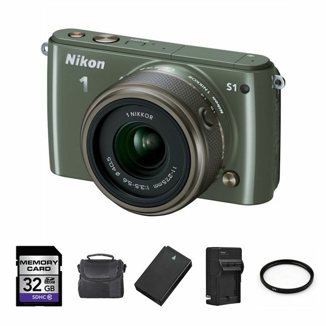 Nikon 1 S1 10.1 MP Digital Camera - Khaki w/ 11-27.5mm Lens + Battery Base Bundle