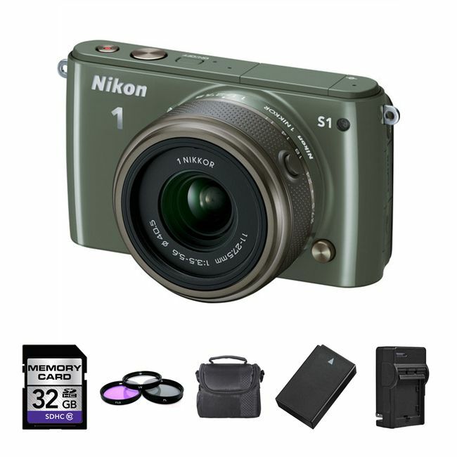 Nikon 1 S1 10.1 MP Digital Camera - Khaki w/ 11-27.5mm Lens + Battery Starter Bundle