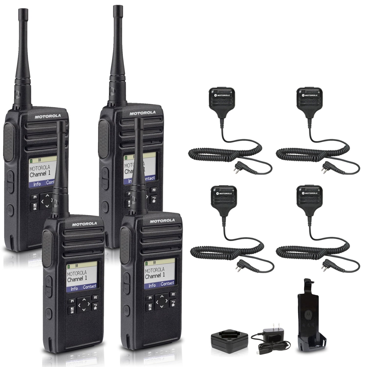 Motorola DTR700 900 MHz Digital 2-Way Radio 50 Channels + 4 x HKLN4606 Remote Speaker Mic 4-Pack