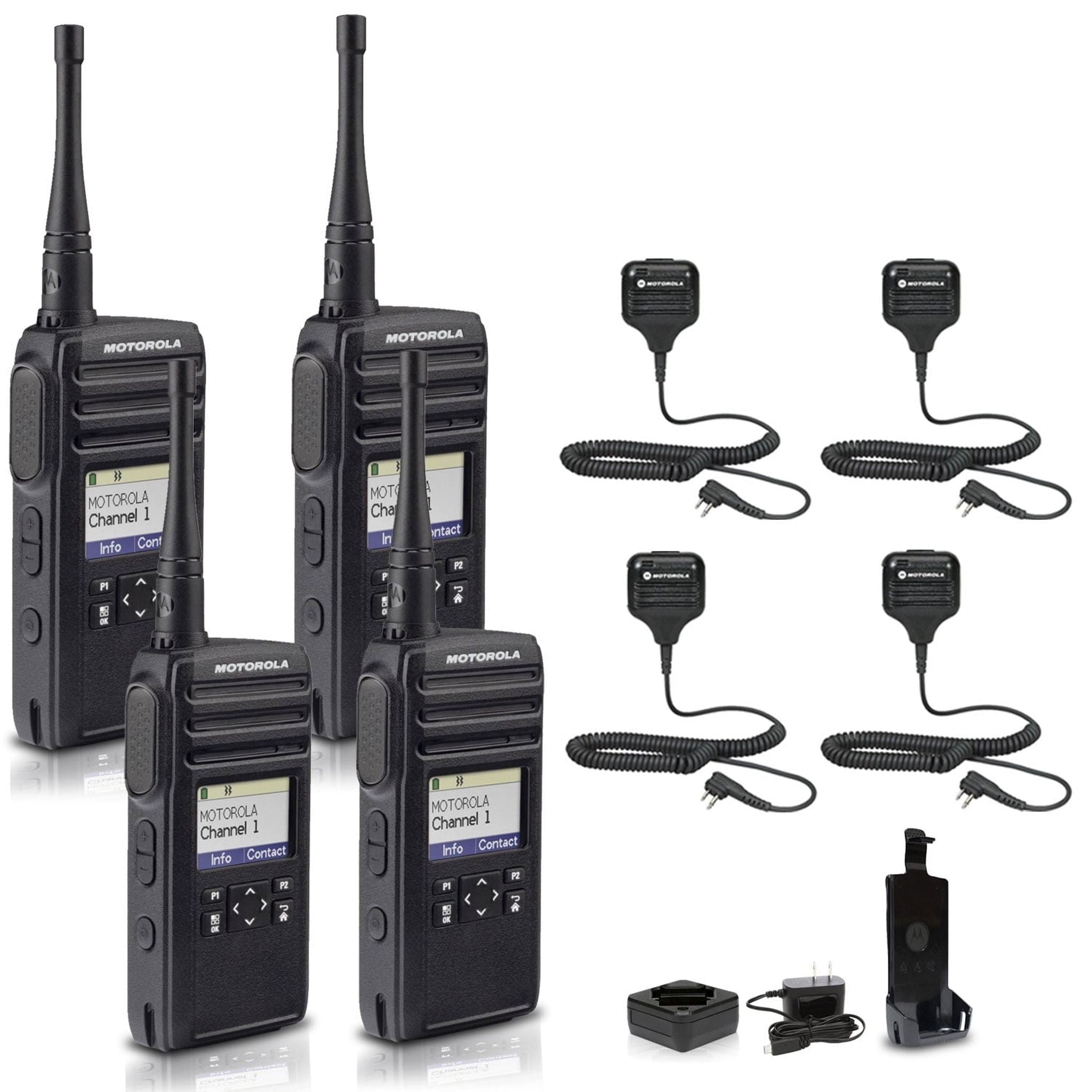 Motorola DTR700 900 MHz Digital 2-Way Radio 50 Channels + 4 x HKLN4606 Remote Speaker Mic 4-Pack Motorola Solutions